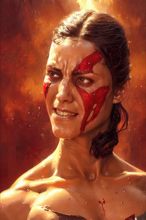 Prompt: muscular sweat girl wearing deadpool costume, covers with mud exhausted face close up, highly detailed painting by gaston bussiere, craig mullins, j. c. leyendecker 8 k
