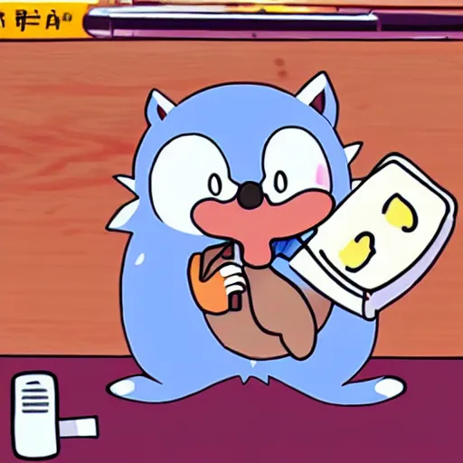 Prompt: sick hedgehog with a thermometer in its mouth anime, cute, adorable