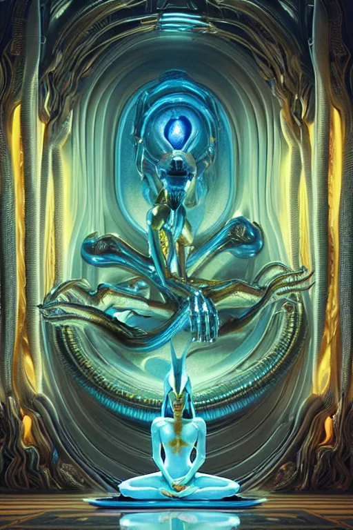 Image similar to cinematic masterpiece poster of glistening opalescent elegant queen empress xenomorph alien goddess meditating lotus position, inside ominous glowing alien temple shrine incubator. in the style of aliens, by denis villeneuve, weta workshop, james cameron, h. r. giger, beautiful octane render, extremely intricate, golden spiral composition, dramatic atmosphere, matte painting