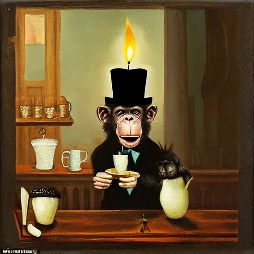 Image similar to Gothic painting of a chimpanzee wearing a top hat, serving coffee as a barista, in a night-time old-fashioned New York Cafe, candlelight, full shot