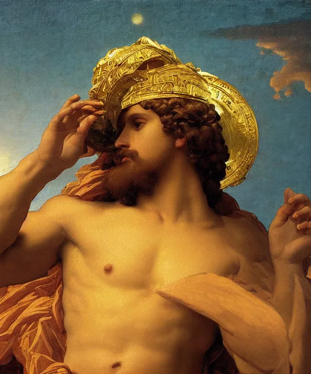 Prompt: a beautifully high detail, intricate, clear detailed portrait of a close up of zeus with an construction hat golden in teal curtain at beautiful sunset daytime nature sunlit nebula background painting by frederic leighton and rosetti, 8 k