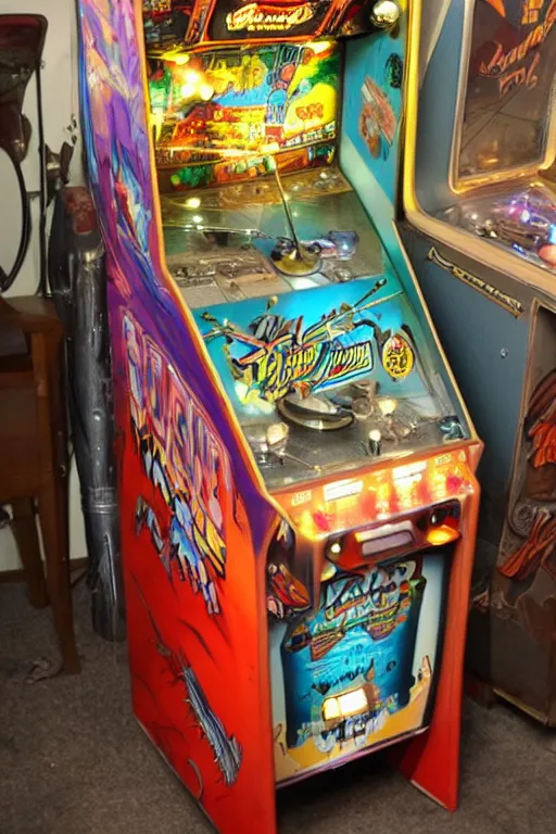 Prompt: vintage pinball machine, arcade cabinet, mugwum, phantom, nightmare, 1 9 7 0 s, polaroid photo