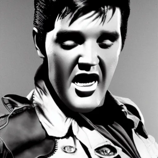 Image similar to fillm still, full body shot of Elvis Presley turned into a zombie, from the TV-series The Walking Death, promotional image, graphic,