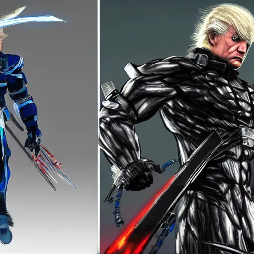 Image similar to joe biden as raiden from metal gear rising revengeance fighting donald trump as sentator armstrong