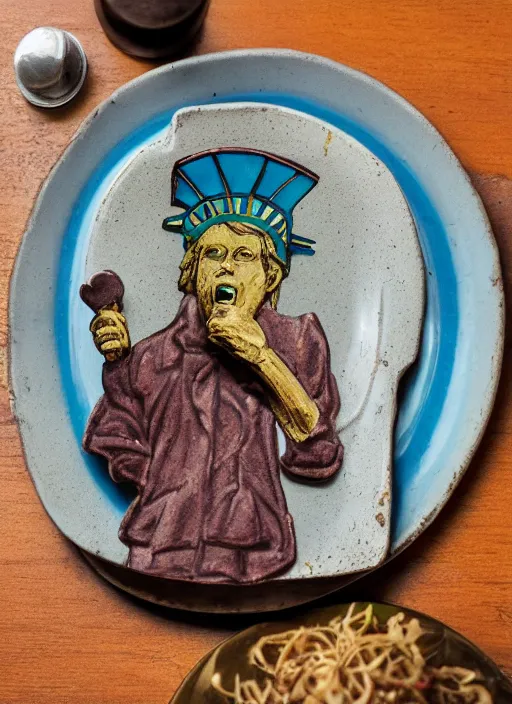 Image similar to Tom Waits eating a miniature Statue of Liberty on a plate in a restaurant, color photograph portrait 4k