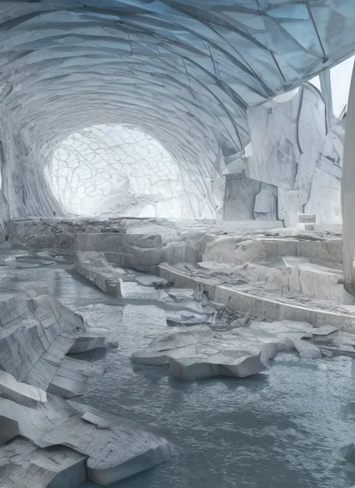 Image similar to art exhibition, architecture installation in biennale venezia, bioremediation white mining tailing futuristic horizontal architecture, epic, cinematic, hyperealistic, high detailed, corona render, hdr, ray tracing