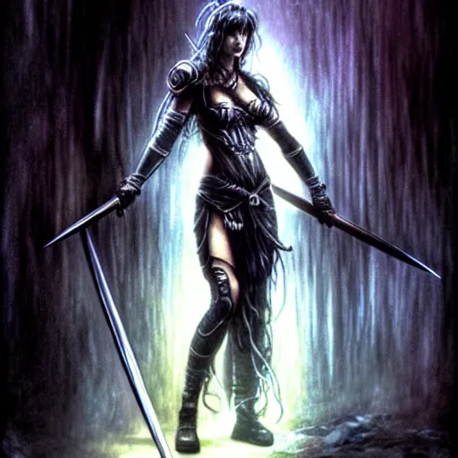 Image similar to female warrior, black hair, glowing sword, cinematic, by luis royo