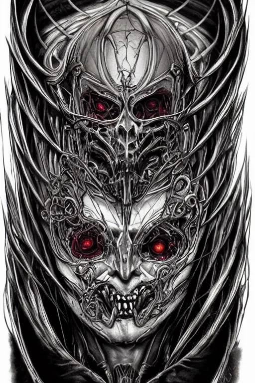 Image similar to Elden Ring and Doom themed painting of majestic chromatic biomechanical anatomical sinister vampire hybrid beautiful ethereal angel symmetrical neutral mask closeup face tattoo pattern golden ratio concept, Neo-Gothic concept, infinity glyph waves, intricate artwork masterpiece, very coherent artwork, cinematic, full frontal facial features by Artgerm, art by H.R. Giger, Joseph Michael Linsner, Zdizslaw Beksinski, Johnatan Wayshak, Moebius, Ayami Kojima, very anatomically coherent artwork, trending on cgsociety, ultra high quality model, production quality cinema model, high detail chromatic ink outline, octane render, unreal engine 8k, hyper realism, high detail, octane render, unreal engine, 8k, High contrast