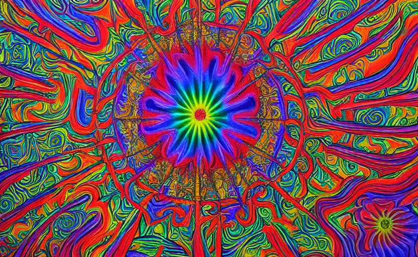 Image similar to psychedelic candy!!!!!!! forest by alex grey, acrylic painting!!!, intricate details!!!!, fine brush!!!!!!