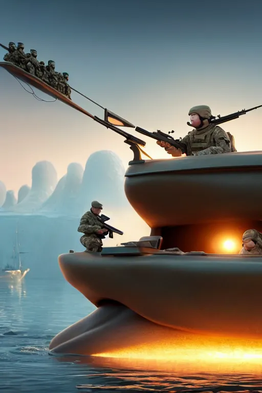 Image similar to pixar soldiers aiming at a walrus sleeping on a boat | glamorous oily soft polished rich ornate modern | weta disney pixar movie still photo | hi - fructose, sci fi fantasy, smooth, octane render, sharp focus, artstation, concept art | artgerm, mucha, rutkowski, feng zhu, wlop, loish