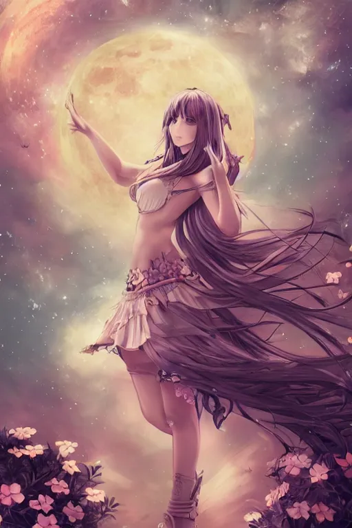 Image similar to Adult anime style girl on the moon waving, fantasy, intricate, elegant, highly detailed, digital painting, 4k, HDR, concept art, smooth, sharp focus, illustration, art by Serafleur