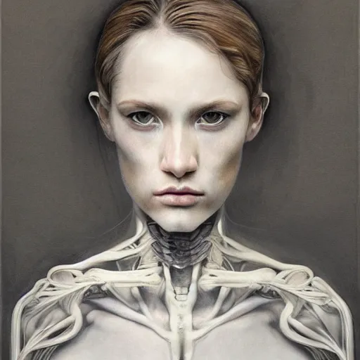 Image similar to masterpiece portrait woman, bones and veins, marco mazzoni, zdzislaw beksinksi