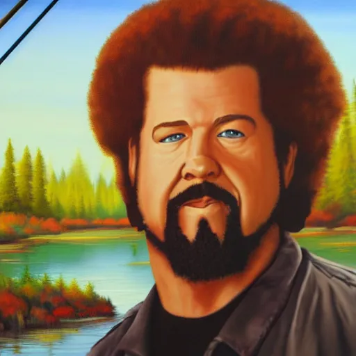 Image similar to a closeup photorealistic photograph of bob ross putting the finishing touches on a canvas painting of kenny powers. mountains and trees. film still. brightly lit scene. this 4 k hd image is trending on artstation, featured on behance, well - rendered, extra crisp, features intricate detail, epic composition and the style of unreal engine.