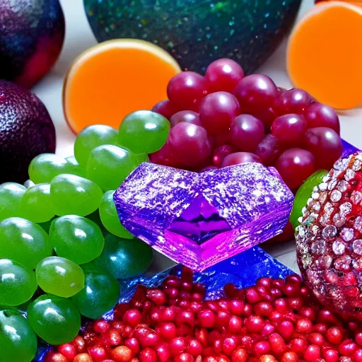 Image similar to fruits made of expensive gems, shimmer, natural light, crystallized, hd, high quality, photograph, on display