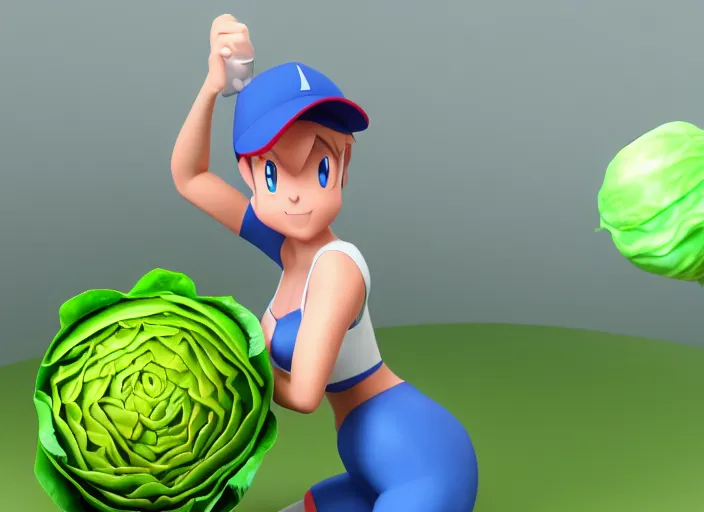 Image similar to Misty from Pokemon is throwing a pokeball at a cabbage. 3D render, action shot