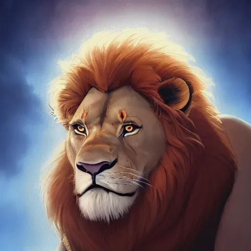 Image similar to portrait of lion king with doc brown face!!!, disney animation, sharp, illustration, sharp, fanart, anime key art by greg rutkowski, bloom, dramatic lighting sharp focus, cinematic, artbook, smooth, centered