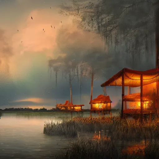 Prompt: digital art of small florida swamp fishing village on the side of the water, night time, dimly lit by lanterns, trending on artstation