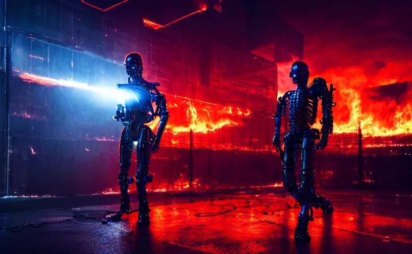 Prompt: ( high detailed terminator without flesh ), staying in front of burning data center room, heavy fire on the background, extreme long shot, high detail, cold neon light, cinematic colors, sharp