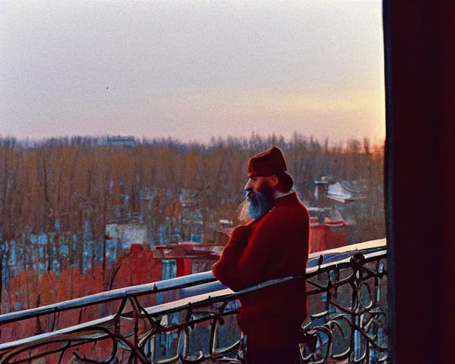 Image similar to award - winning lomographic tarkovsky film still of 4 0 years russian man with beard and sweater standing on small hrushevka 9 th floor balcony in taiga looking at sunset, cinestill, bokeh