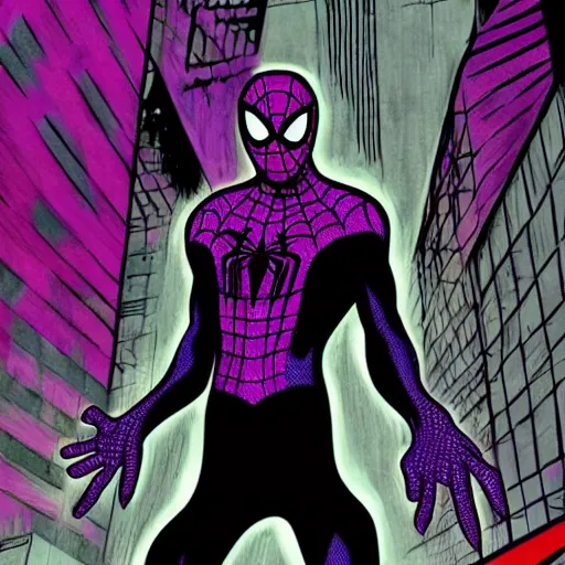 Image similar to black and purple spiderman drawn in comic book art style by steve ditko, 4 k digital art