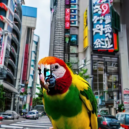 Prompt: a human sized parrot standing on a street in ota city, tokyo