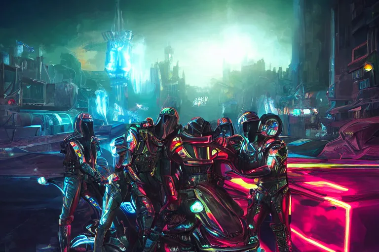 Prompt: knights of Cydonia in futuristic armor ride in neon light, medieval city on the background. graffiti. digital art. trending on artstation, winning-award. 8k. high stylized.