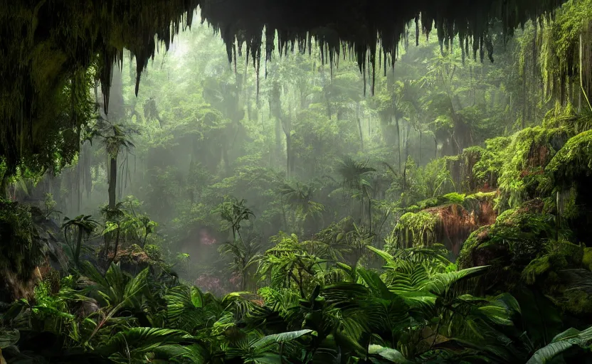 Image similar to a beautiful render of a dark prehistoric rainforest in a humongous cave, lush flora, patches of sky, magenta, green, sunset, floating mountains and a waterfall in the background, intricate detail, hazy, humid, volumetric lighting, 8 k, photorealistic, raytracing effects, unreal engine 5