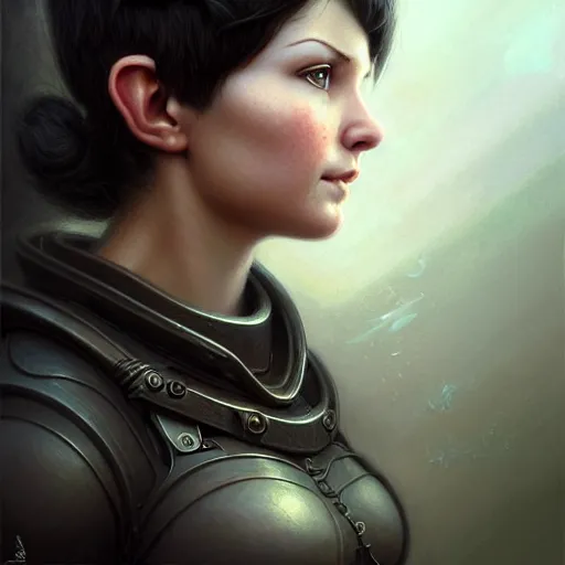 Prompt: portrait of a beautiful cute strong charming realistic female gnome engineer, short pixie undercut black hair, d & d, micro detail, intricate, elegant, highly detailed, centered, rule of thirds, artstation, sharp focus, illustration, artgerm, tomasz alen kopera, donato giancola, wlop