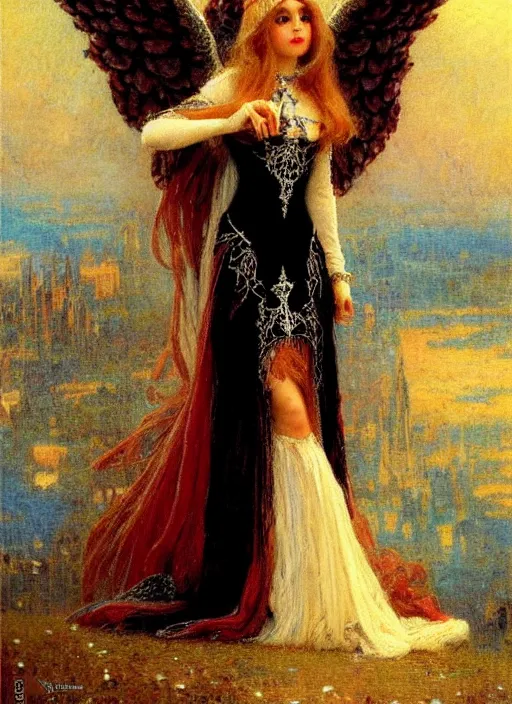 Image similar to vertical prtrait of an angel knight gothic girl, baroque dress. by gaston bussiere