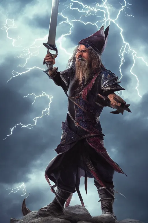 Image similar to wizard holding a sword that’s pointed towards the sky, getting shocked by lightning, octane, trending on artstation, hyper realistic, highly detailed