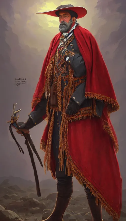 Prompt: federal commander full body portrait, stern look, late xix century red and carmesi gaucho style, ornate poncho, steppe geommetrical background, intricate, highly detailed, digital painting, artstation, concept art, sharp focus, illustration, art by Artgerm, Grafit Studio, and Greg Rutkowski, Craig Mullins, Makoto Shinkai, Stanley Artgerm Lau, WLOP, Rossdraws, James Jean, Andrei Riabovitchev, Marc Simonetti, krenz cushart, Sakimichan, D&D trending on ArtStation, digital art - W 640