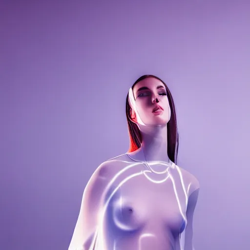 Image similar to high fashion photography of a model in neo futurism white sci - fi transparent cloth, beautifully lit