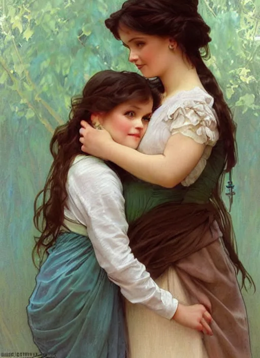 Image similar to a cute little girl with a round cherubic face, blue eyes, and short wavy light brown hair hugging her grandma. she is wearing a turquoise dress. beautiful painting by artgerm and greg rutkowski and alphonse mucha