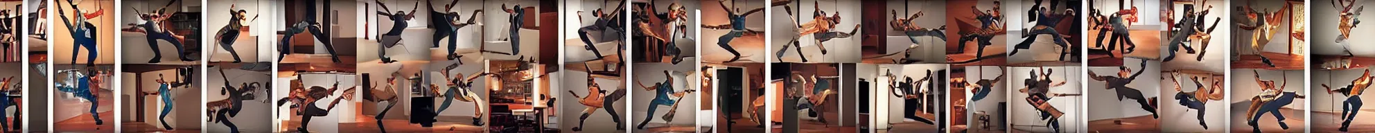 Image similar to 8 consistent frames from a video of a man dancing in a bedroom