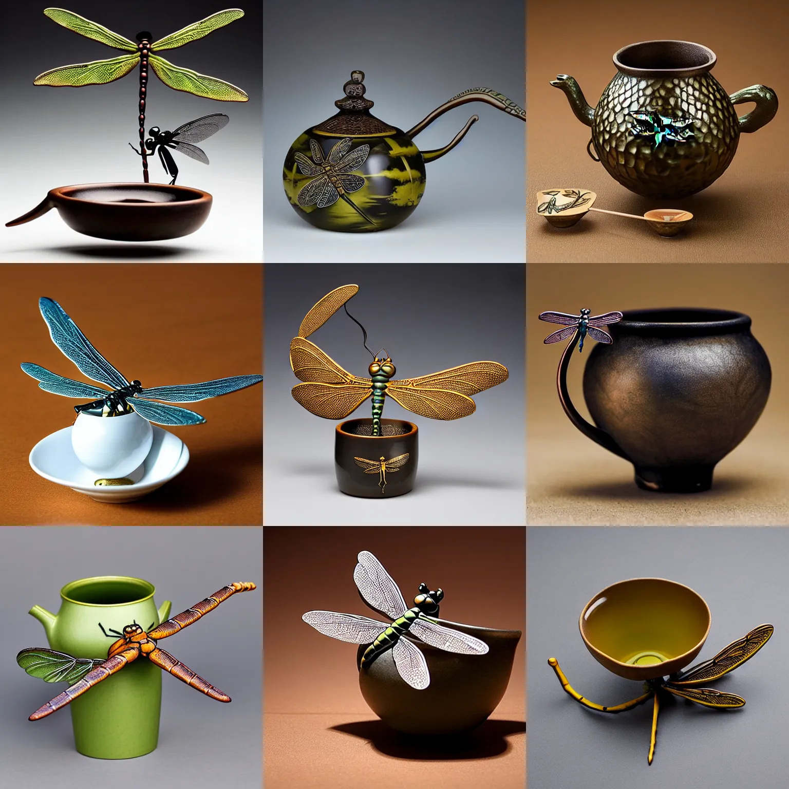 Image similar to Dragonfly-shaped, dragonfly-like, a bespoke dragonfly-formed tea-brewing pouring vessel in the shape of a dragonfly, that looks like a dragonfly, that has the form of a dragonfly, dragonfly-shaped