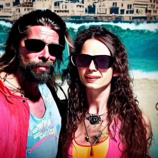 Prompt: 3 9 - year - old french bearded long - haired yoga punk singer wearing wraparound sunglasses. he also works as a commercial model and actor. looks like brad pitt. he is standing next to a middle eastern woman wearing a sun dress. vaporwave.