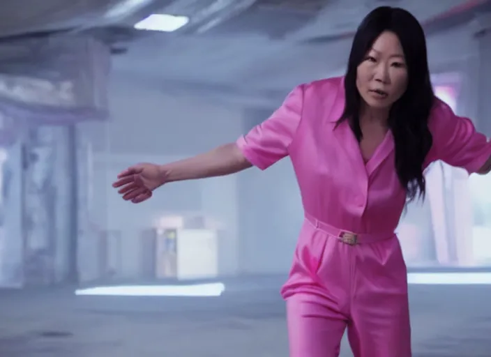 Image similar to film still of amy wong in a pink jumpsuit in the new scifi movie, 4 k