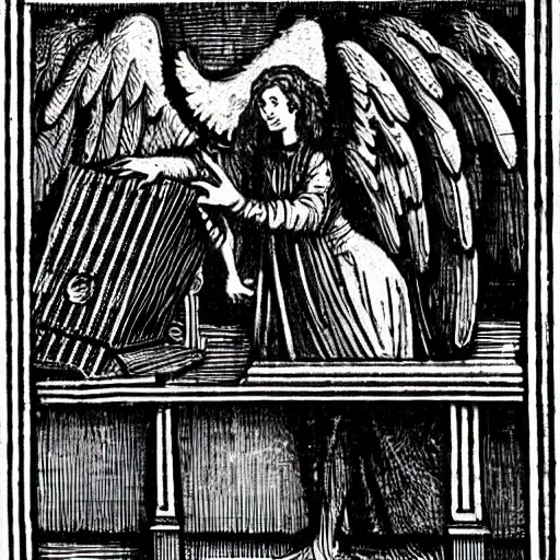Prompt: a medieval woodcut of an angel building a computer the style of gustave dore, eniac computer
