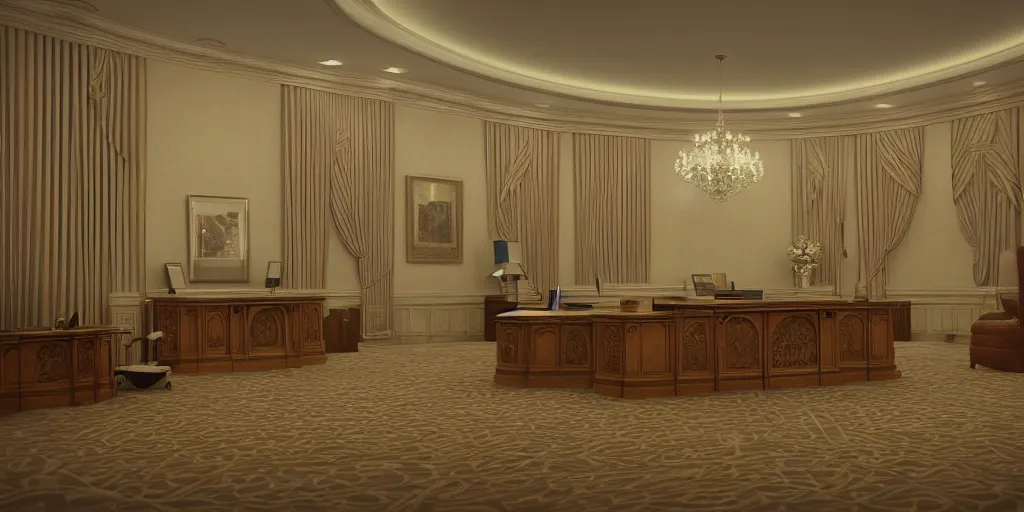 Image similar to isometric 3 d rendering of the oval office, art deco, octane render, trending on artstation, cgsociety