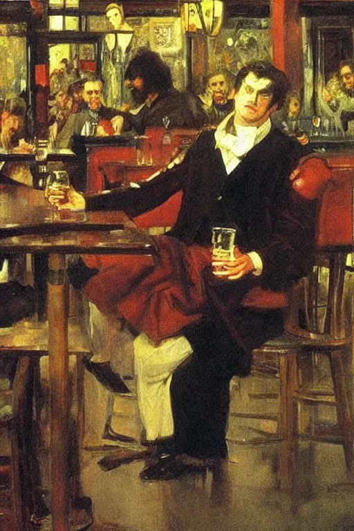 Prompt: lucifer drinking in a modern pub. art by ilya repin.