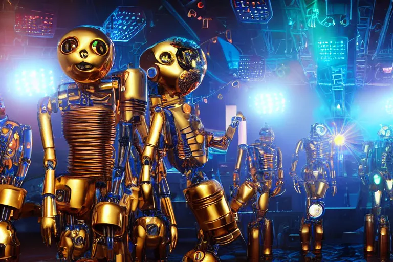 Image similar to scene from the voice of america, on stage are 4 golden and blue metal humanoid steampunk robots dancing, robots are wearing and gears and tubes, eyes are glowing red lightbulbs, shiny crisp finish, 3 d render, 8 k, insaneley detailed, fluorescent colors, nightlight