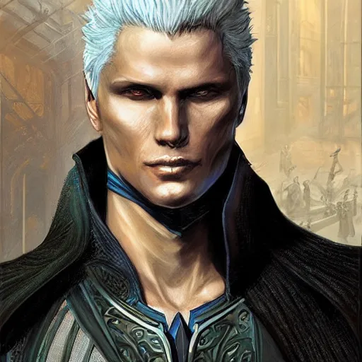 Image similar to Vergil from DMC as a fantasy D&D character, portrait art by Donato Giancola and James Gurney, digital art, trending on artstation