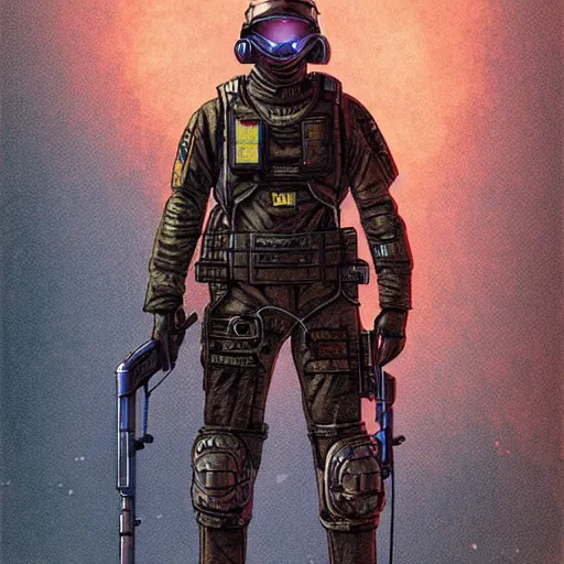 Image similar to a cyberpunk soldier with tactical gear and a rifle on mars, Industrial Scifi, detailed illustration, character portrait, by Martin Grip and Moebius