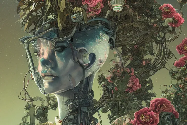 Prompt: gigantic robot - girl head floating in the space, a lot of exotic plants, trees, flowers, oldschool vintage sci - fi flat surreal grainy design, super - detailed, painting by kim jung gi, hd, 4 k, high quality