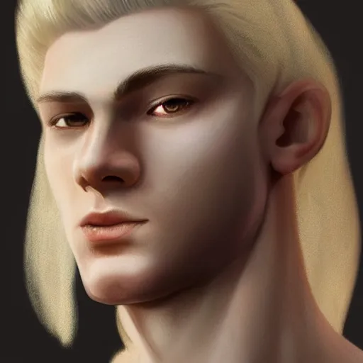 Image similar to Pale blond Lucius with closed eyes smiling, clean shaven young androgynous, very detailed sharp angular masculine face, hooked nose and square jaw, long fluffy curly blond hair, very very very extremely light blond hair, gorgeous, beautiful, intricate, highly detailed, digital painting, artstation, concept art, sharp focus, illustration, art by greg rutkowski and alphonse mucha