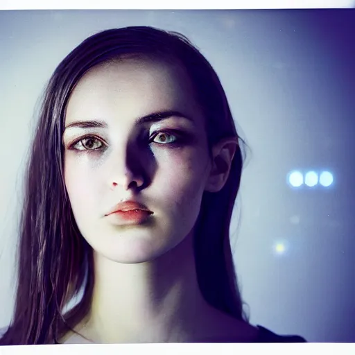 Prompt: photo of beautiful young woman, medium close up, with a cyberpunk camera lens placed over right eye, and robotic implants over face with linear led lights, white background, fine art photography in the style of Bill Henson