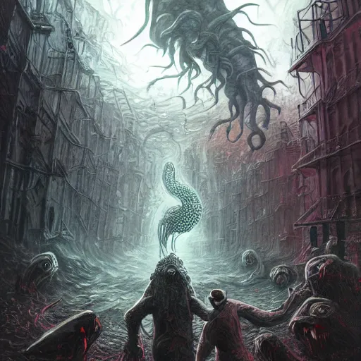 Prompt: lovecraft's creatures attacking a city, digital art, artstation, very detailed