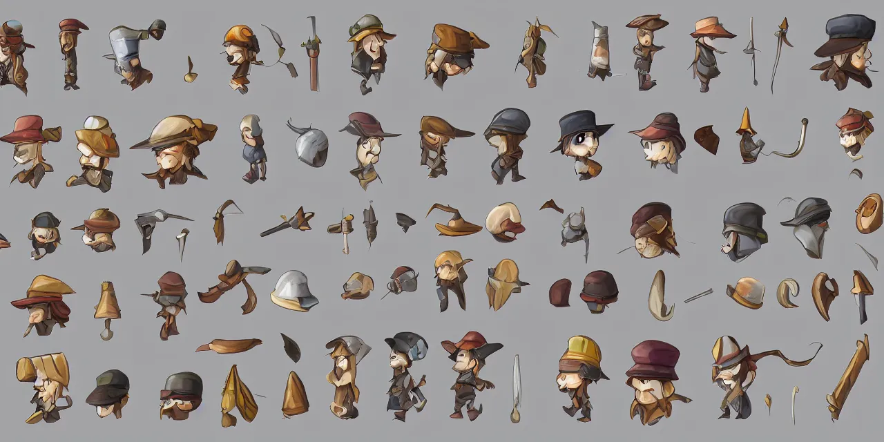 Prompt: material study, game asset sheet, 2 d sprites, chibi hats for small characters