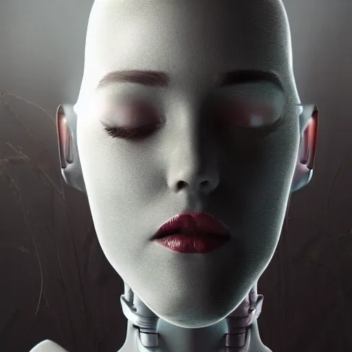 Image similar to Masterpiece full body portrait of a beautiful female cyborg with a beautiful face and flawless skin whose head, chest, and pelvis are flesh, and the rest of her body is robotic, in a surreal dream landscape, eerie fog, cinematic lighting, 8k