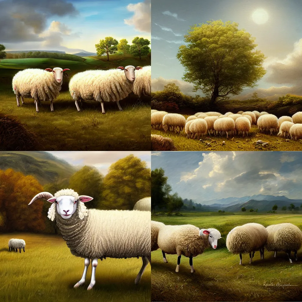 Prompt: illustration of sheep in a field, realistic painting, classical painting, high definition, digital art, matte painting, very detailed, realistic”